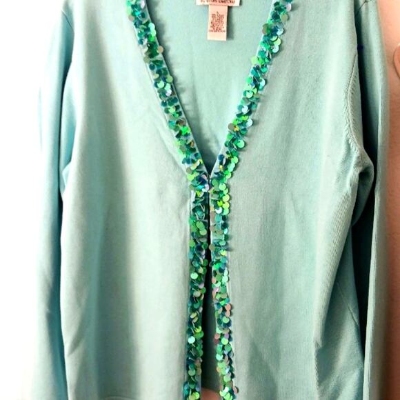 Linea 3 Pc Formal Cardigan Sweater Set Sz L AQUA SKY BLUE Sequins Knit was $350 - Picture 9 of 16
